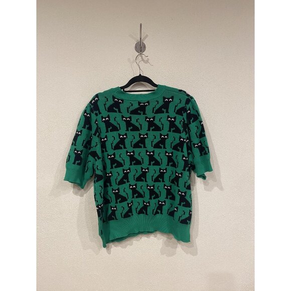 ModCloth Sweater Womens 3X Green Short Sleeve Cat Knit Graphic Pullover Crewneck - Picture 4 of 4